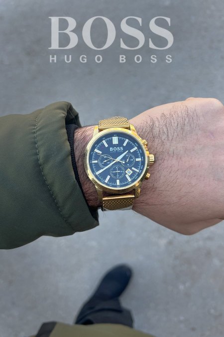 ساعة - Hugo Boss الشبابية / شامل علبة و كيس  - ذهبي / اسود ٣ دوائر <br> <span class='text-color-warm'>نفدت الكمية</span>